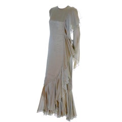 1993 Bill Blass Vintage Runway Dress in Iridescent Sage Green Silk w/ Ruffles