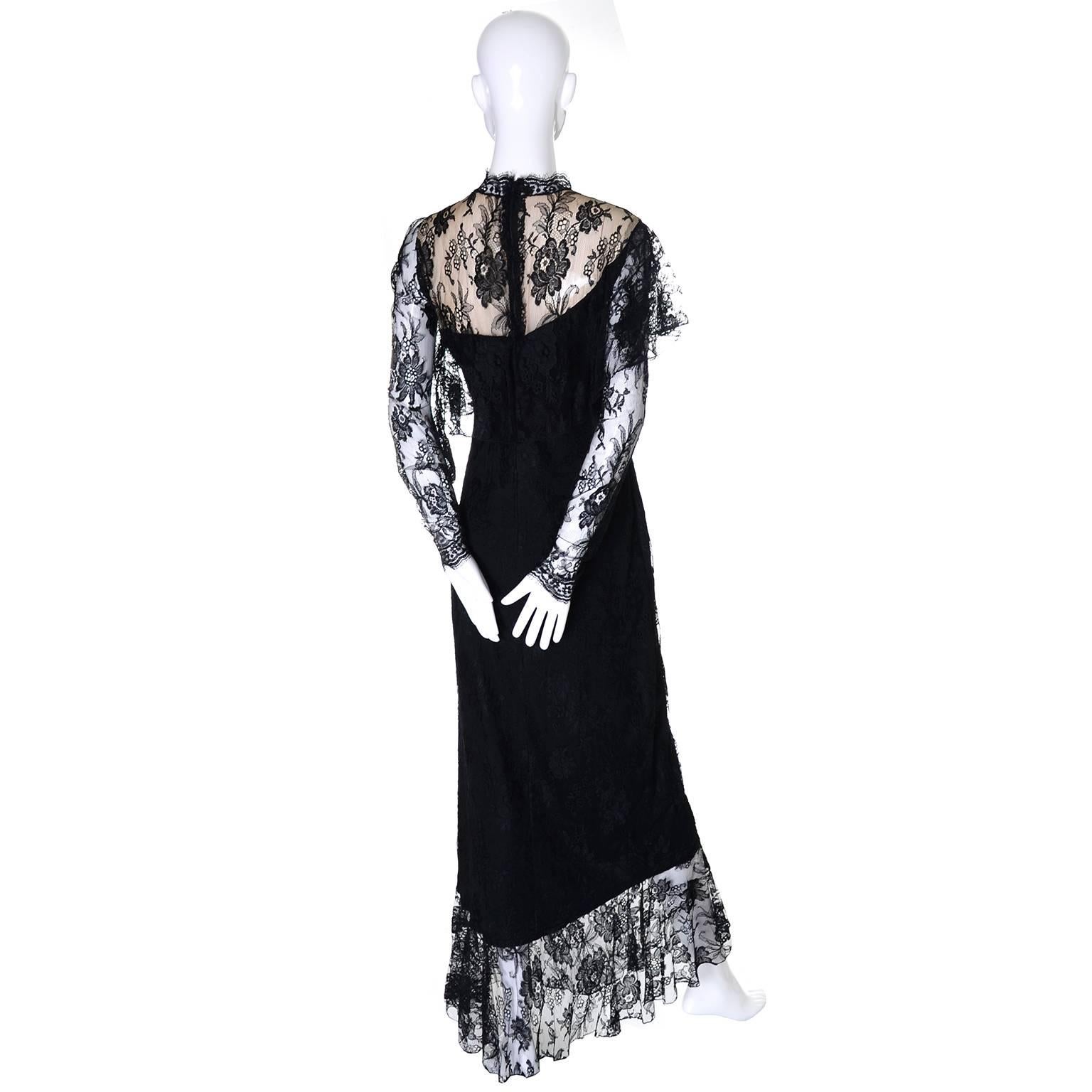 Women's Loris Azzaro Vintage Dress Black Lace Victorian Style 1980s Evening Gown France