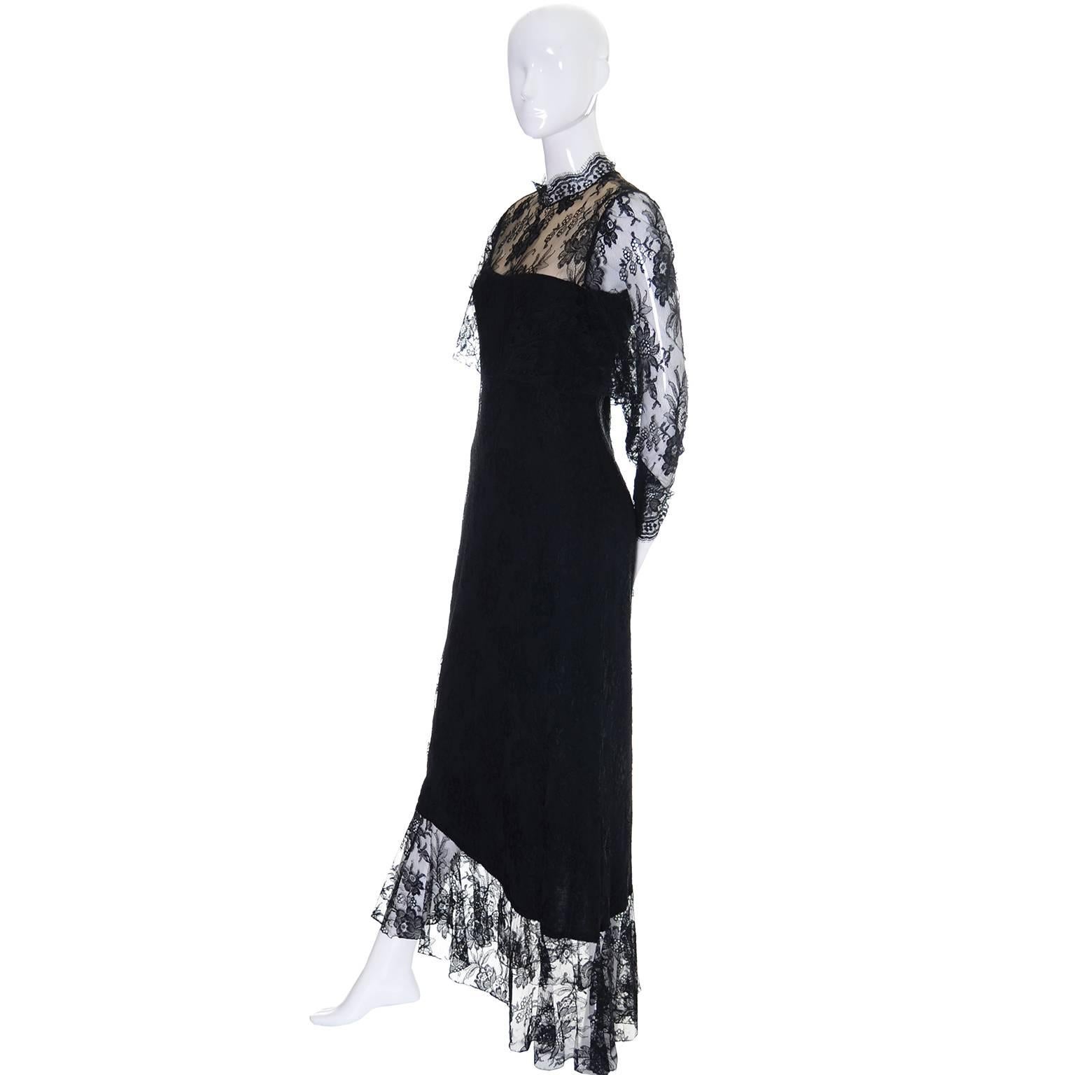 This Loris Azzaro vintage 1980's dress has a flesh toned lining in the bodice and a stretch jersey underdress with an exquisite lace overlay. This incredible vintage dress has an asymmetrical hemline, zippers on the cuffs, and a zipper up the back.