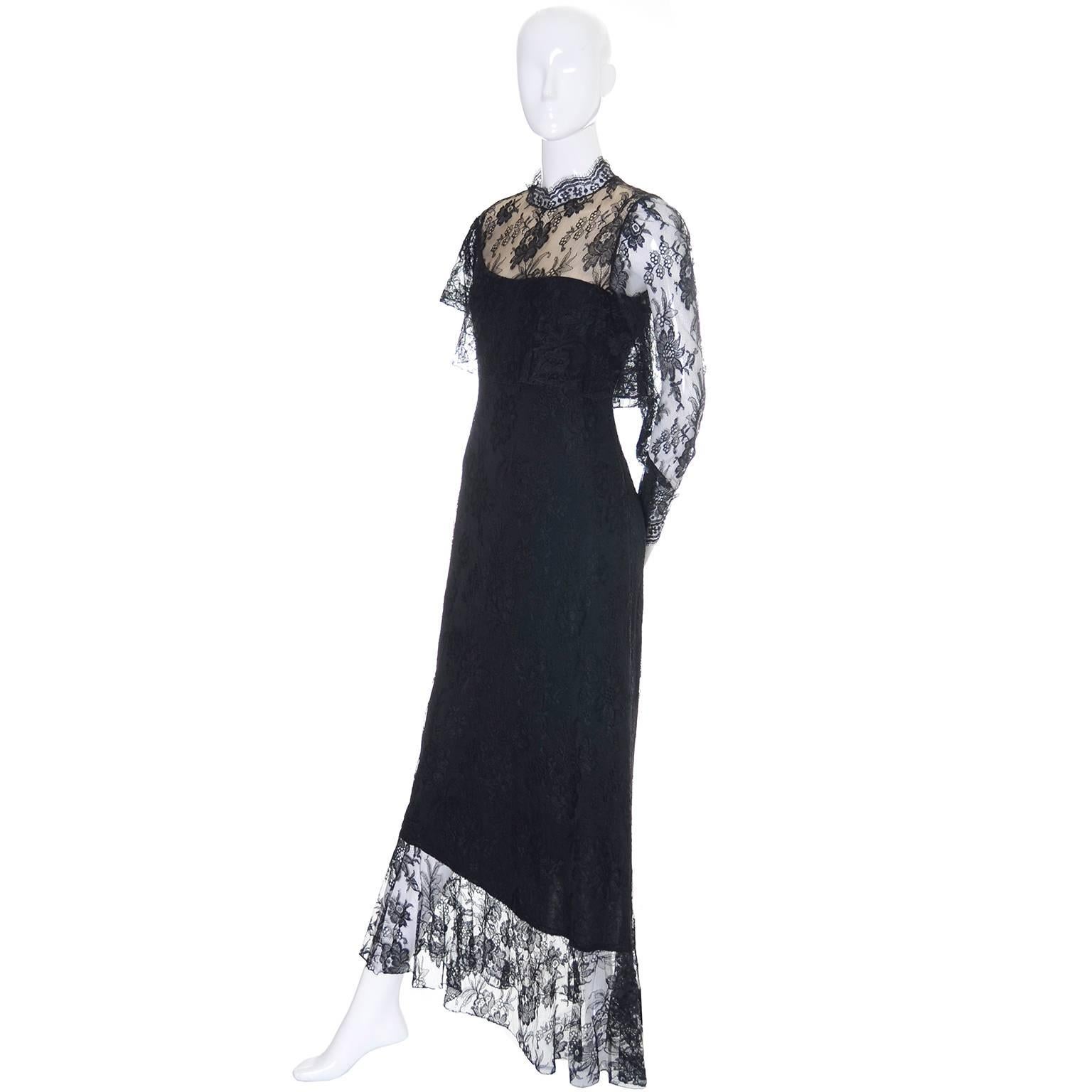 Loris Azzaro Vintage Dress Black Lace Victorian Style 1980s Evening Gown France 1