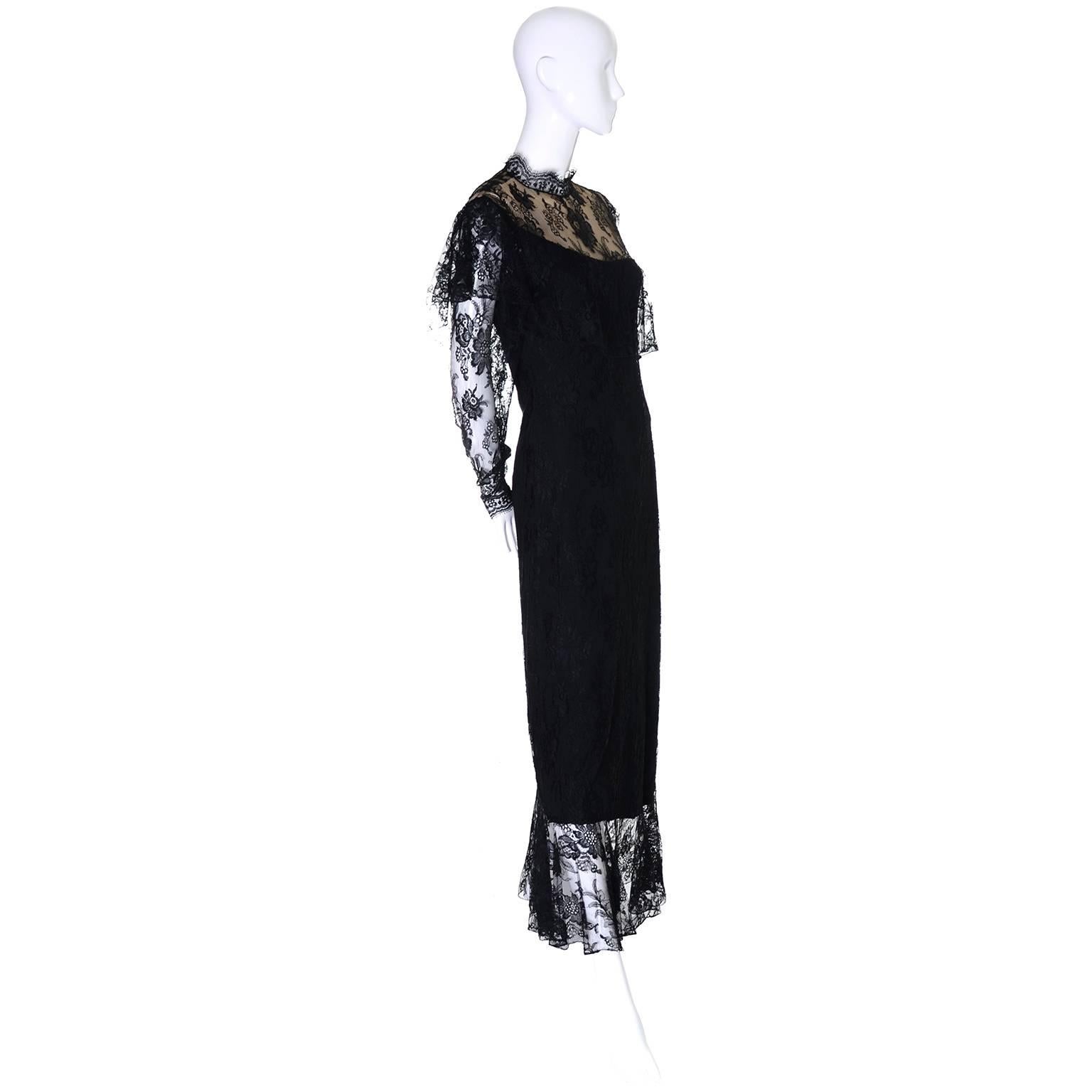 Loris Azzaro Vintage Dress Black Lace Victorian Style 1980s Evening Gown France In Excellent Condition In Portland, OR