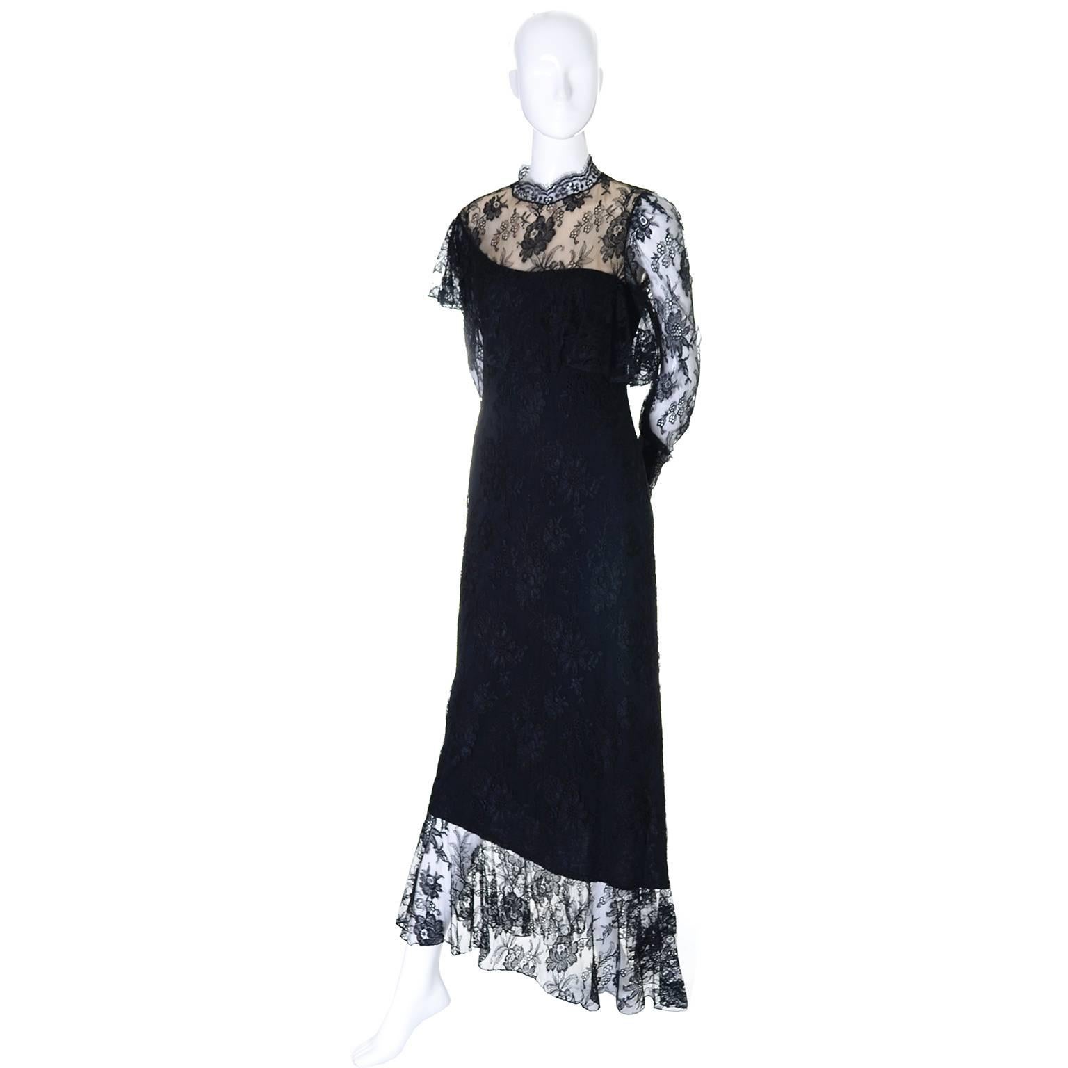 Loris Azzaro Vintage Dress Black Lace Victorian Style 1980s Evening Gown France 2