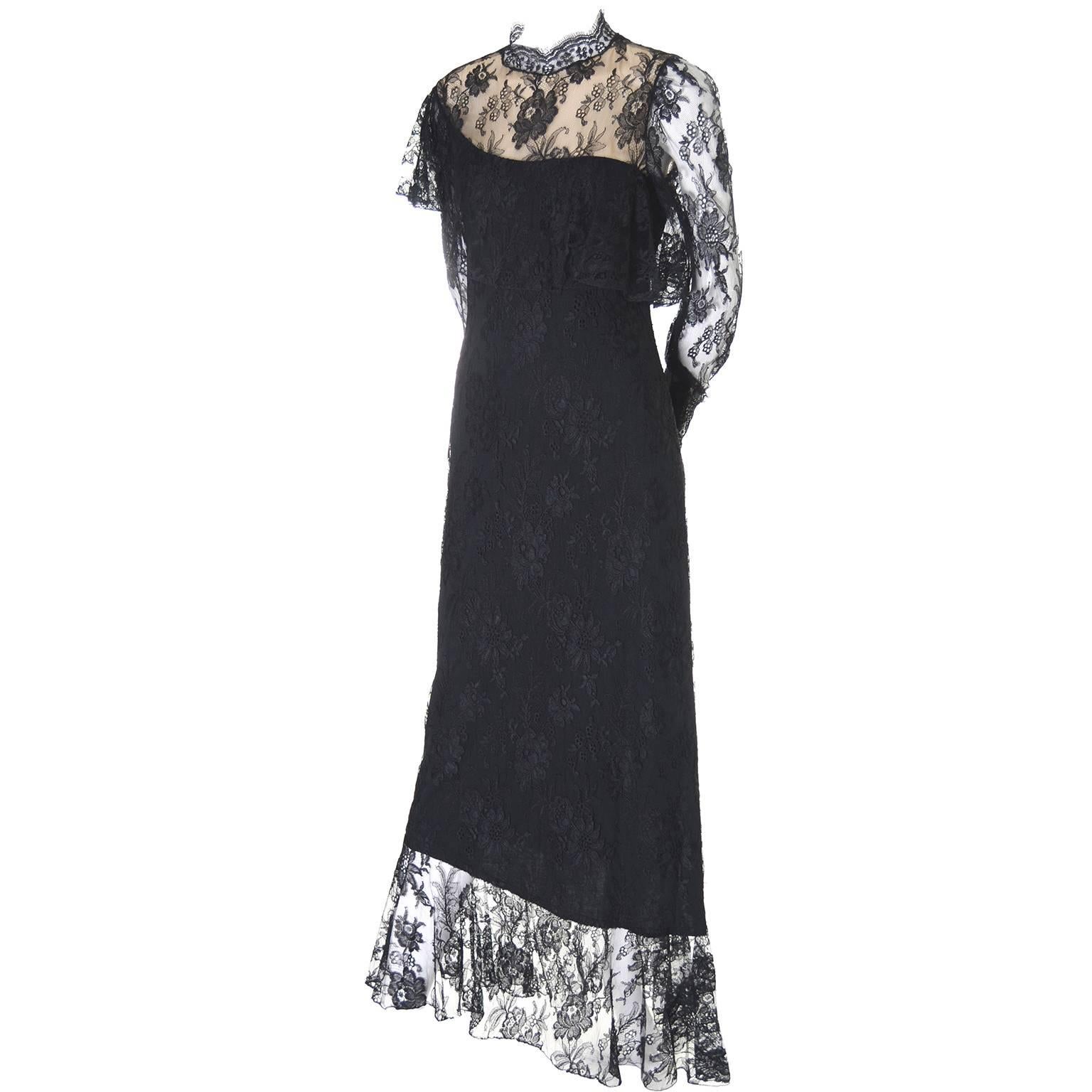 Loris Azzaro Vintage Dress Black Lace Victorian Style 1980s Evening Gown France