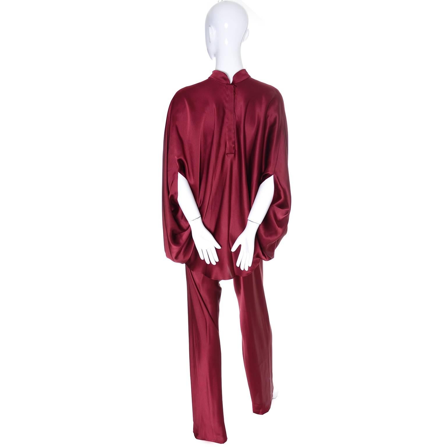 Red 1970s George Stavropoulos Vintage Evening Outfit w Pants & Top in Burgundy Silk