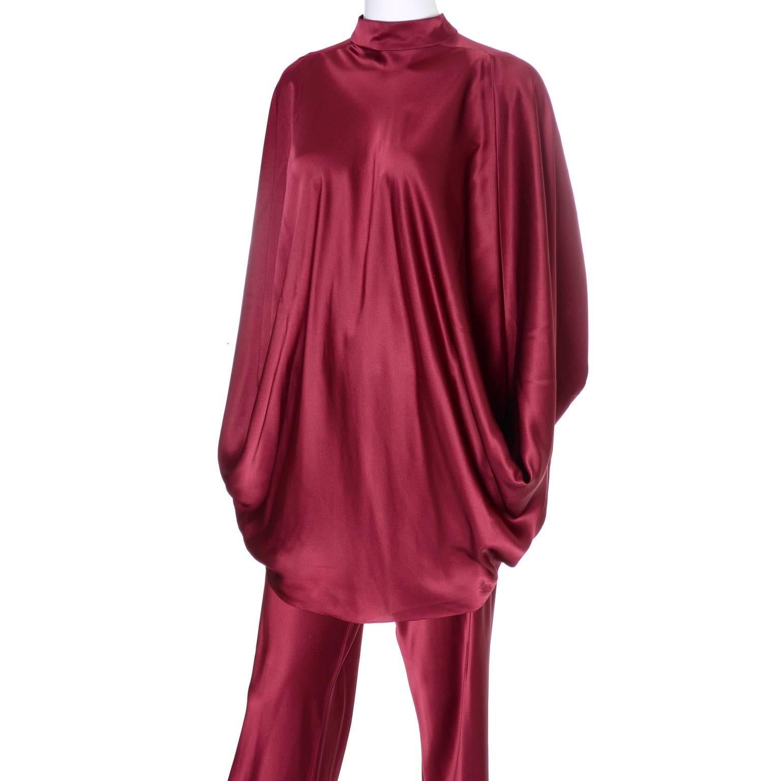 1970s George Stavropoulos Vintage Evening Outfit w Pants & Top in Burgundy Silk In Excellent Condition In Portland, OR