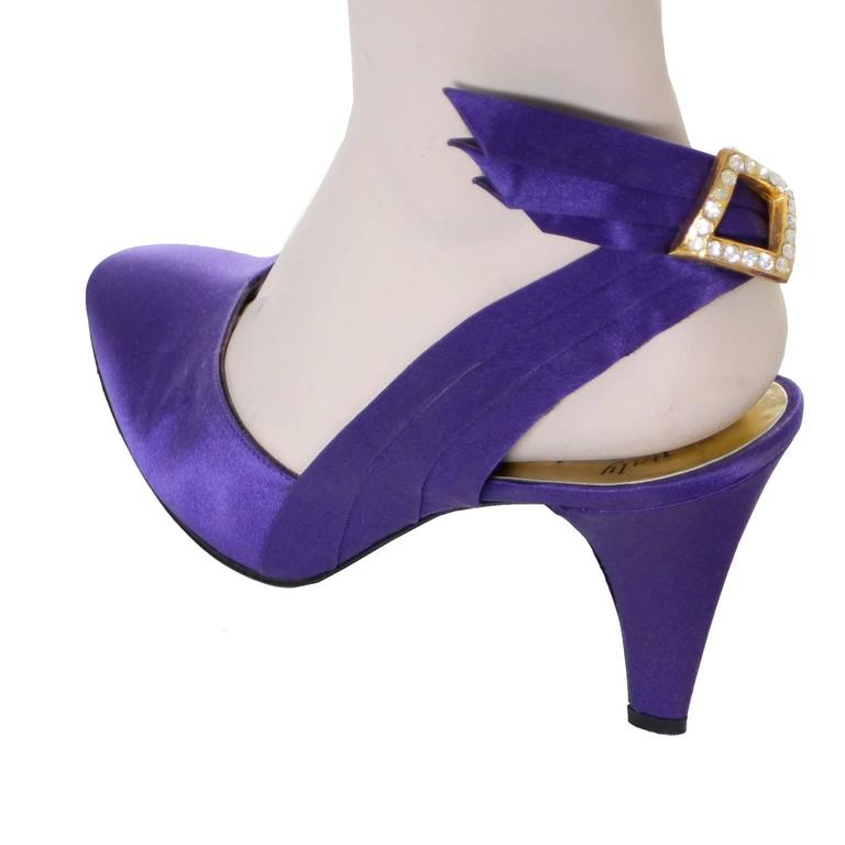 YSL Vintage Shoes Purple Satin Sling Back Heels Rhinestone Buckles 8M ...