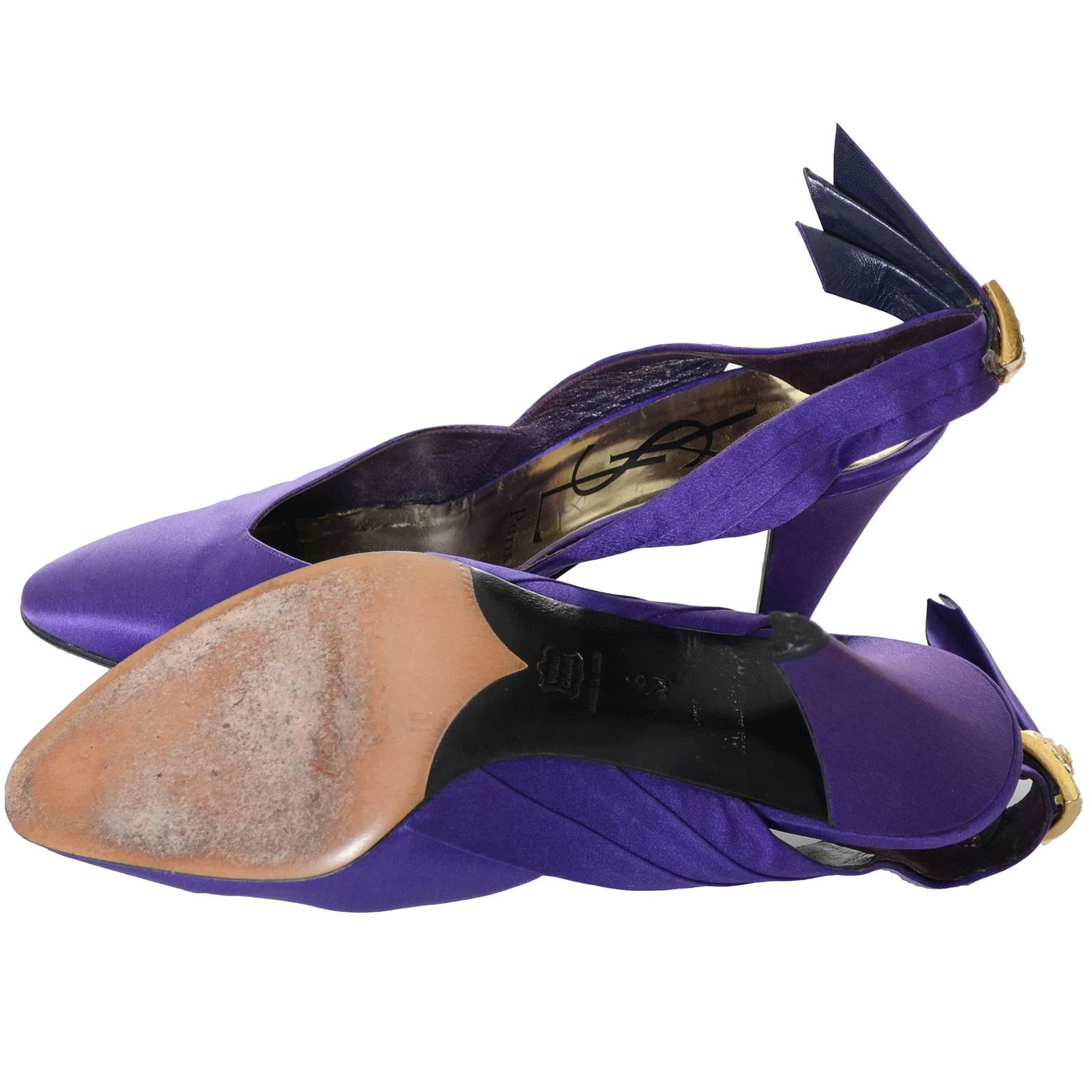 Women's YSL Yves Saint Laurent Vintage Shoes Purple Sling Backs w/ Rhinestone Buckles 8M