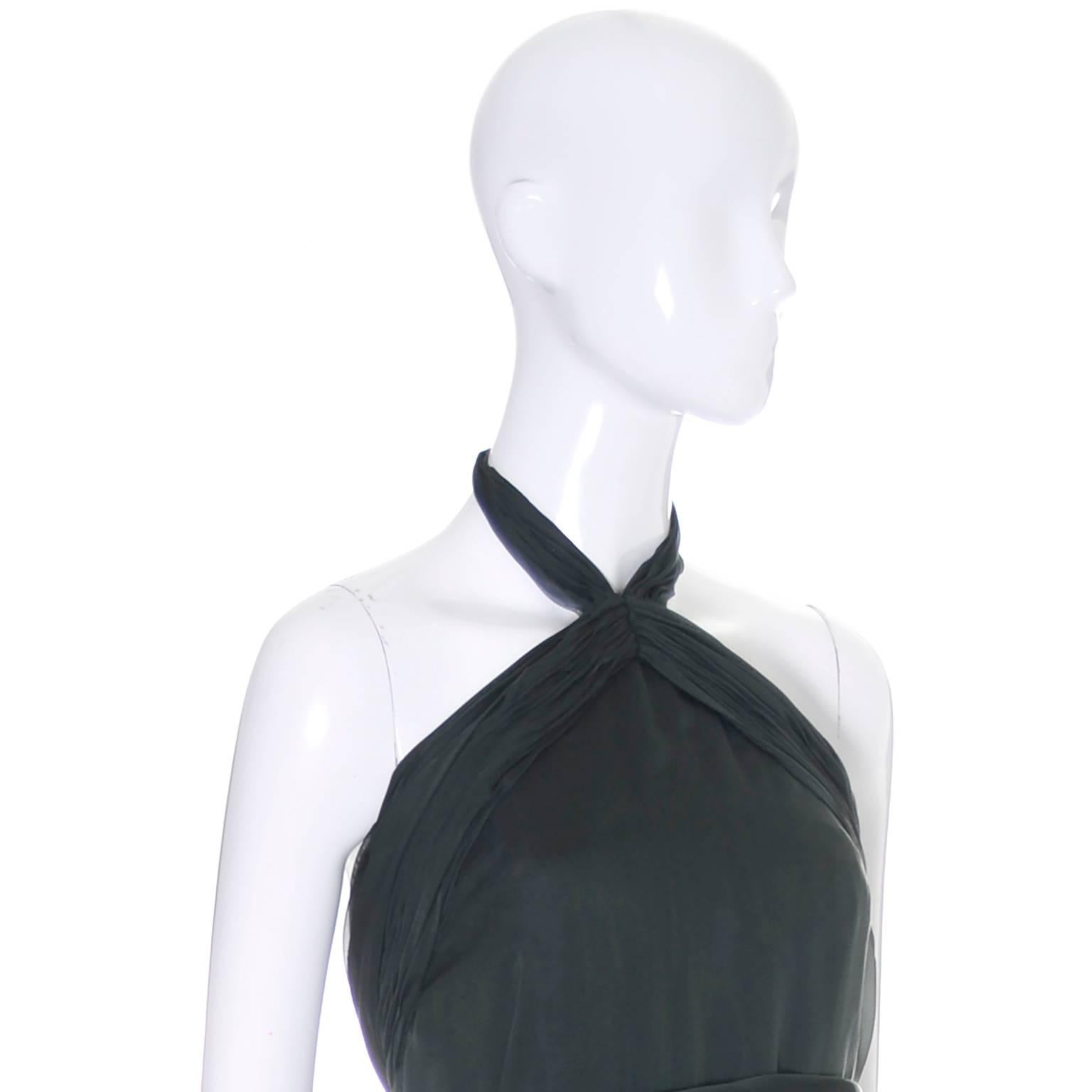 Black 1990s Vintage Oscar de la Renta Dress Evening Gown in Green Silk Chiffon w Scarf