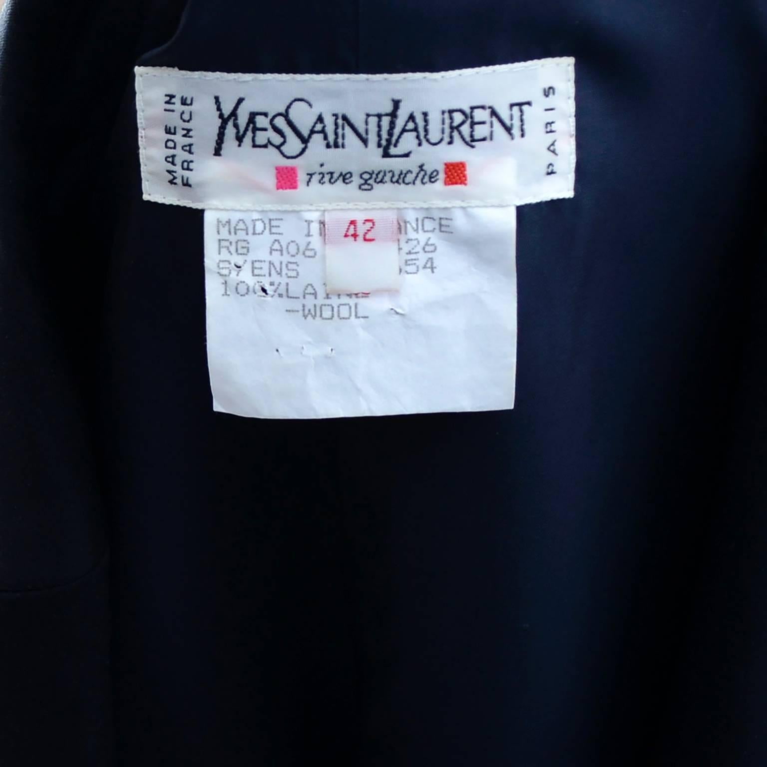 YSL Yves Saint Laurent Vintage Suit Midnight Blue Black Satin w Blazer & Skirt In Excellent Condition In Portland, OR