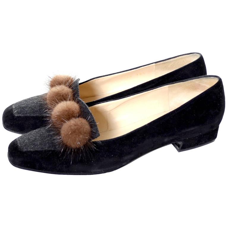 Rene Mancini Paris Vintage Shoes w/box Size 38.5 Mink Pom Poms Velvet Wool 8
