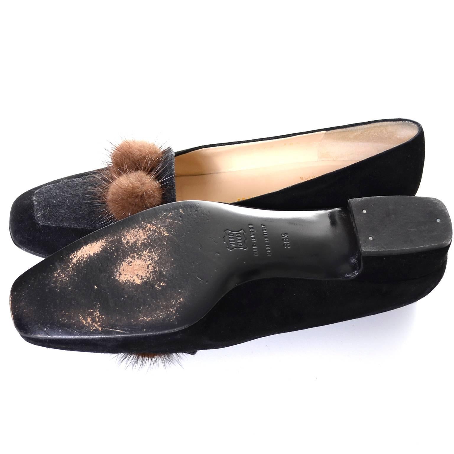 Rene Mancini Paris Vintage Shoes w/box Size 38.5 Mink Pom Poms Velvet Wool 8 In Excellent Condition In Portland, OR