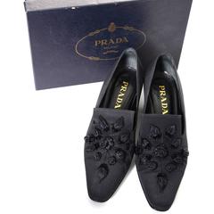 1990 Noir Vintage Prada Loafer Shoes With Roses Calzature Donna 37.5 Size 7