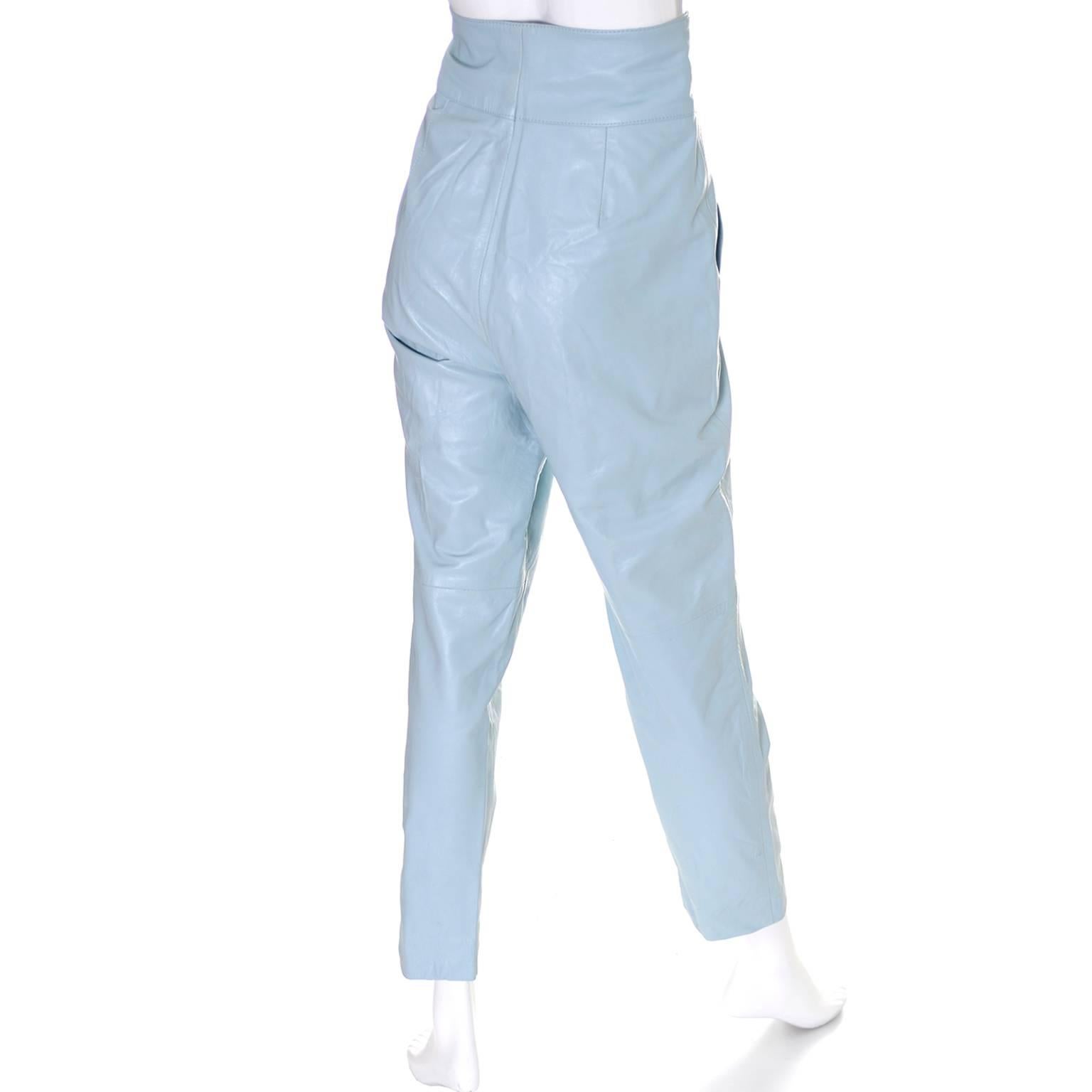 1980s Lillie Rubin Vintage High Waisted Blue Leather Pants Size 10 1