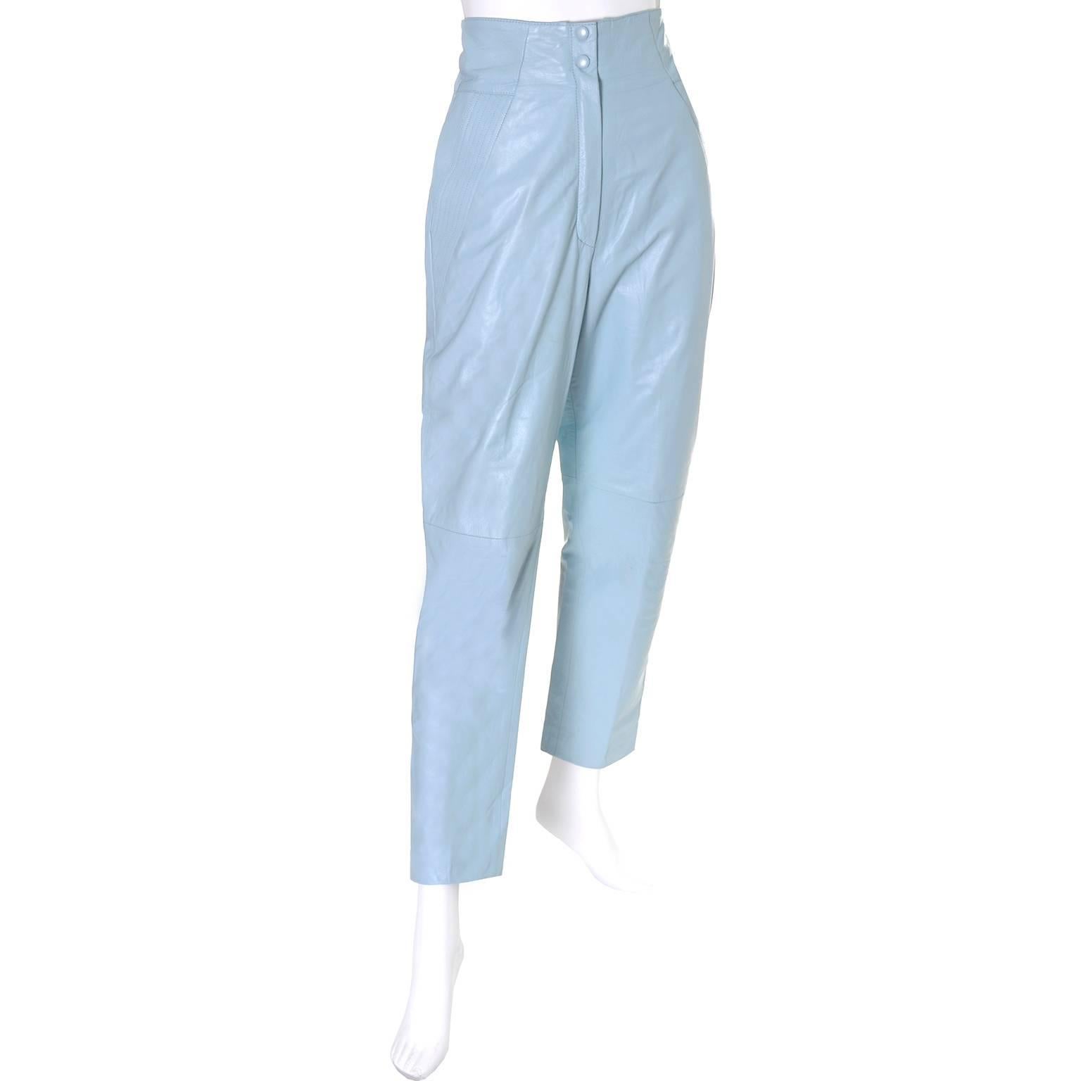 Women's 1980s Lillie Rubin Vintage High Waisted Blue Leather Pants Size 10