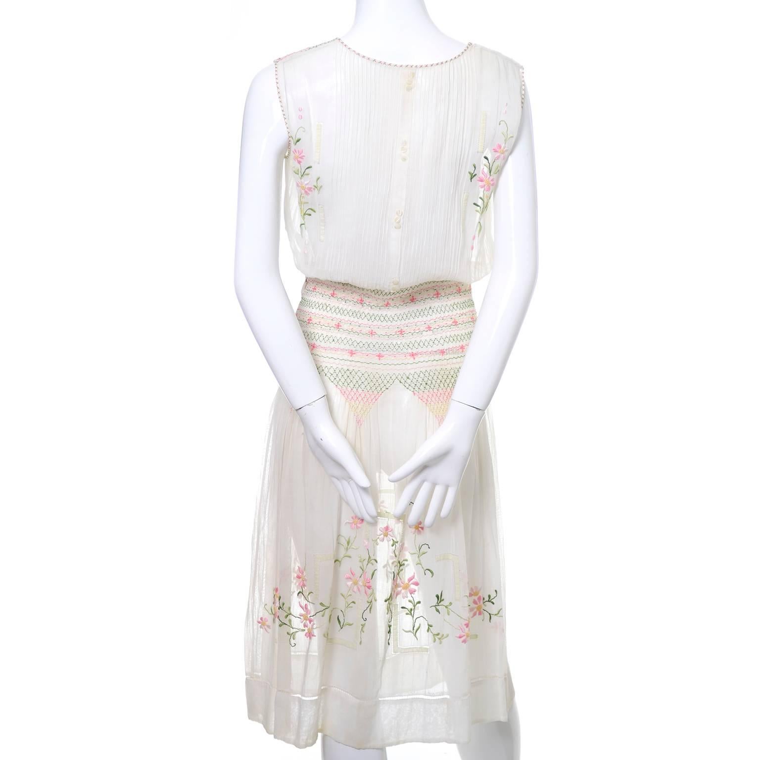 1920s Vintage Dress Ivory Cotton Voile Embroidered Flowers Bohemian Peasant 2