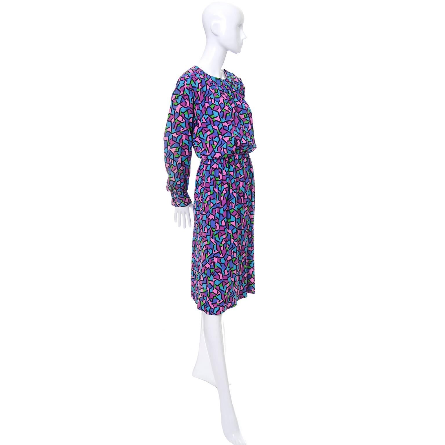 Purple Vintage YSL Silk Dress Abstract Print Yves Saint Laurent Rive Gauche 1970s