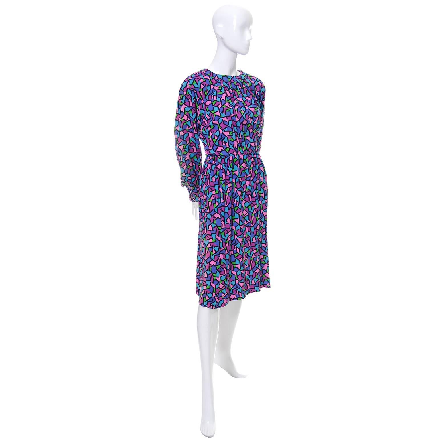 Vintage YSL Silk Dress Abstract Print Yves Saint Laurent Rive Gauche 1970s In Excellent Condition In Portland, OR