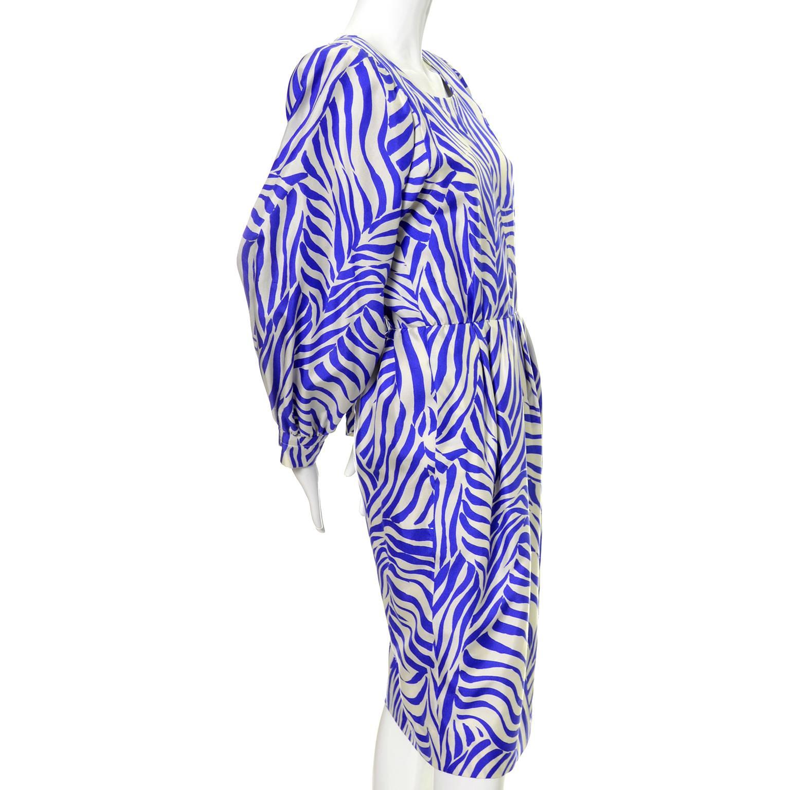 Purple 1980s YSL Vintage Dress Yves Saint Laurent Abstract Bold Zebra Print Blue Sz 36