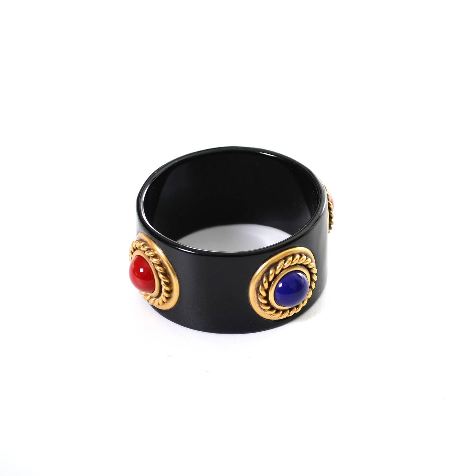 Women's YSL Vintage Black Enamel Bangle Bracelet Cabochons Yves Saint Laurent Jewelry