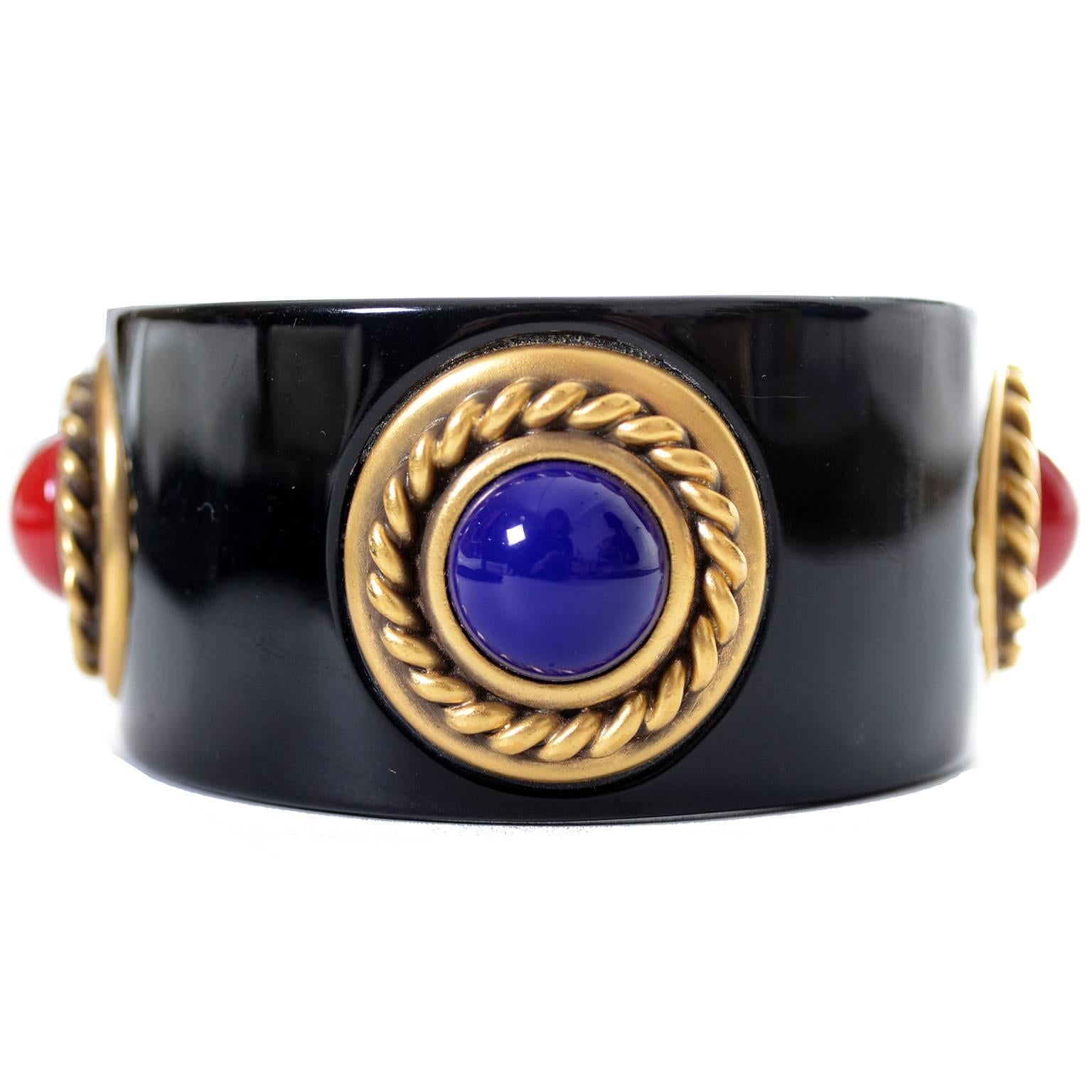 YSL Vintage Black Enamel Bangle Bracelet Cabochons Yves Saint Laurent Jewelry 1