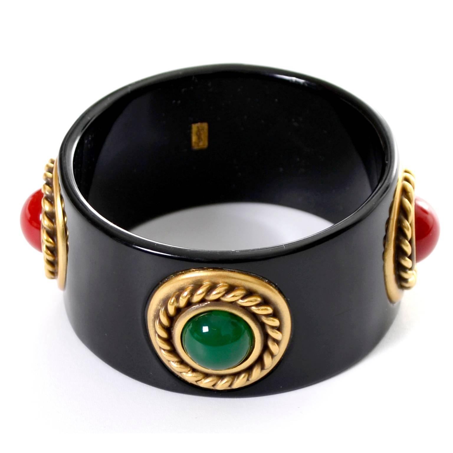 YSL Vintage Black Enamel Bangle Bracelet Cabochons Yves Saint Laurent Jewelry 2