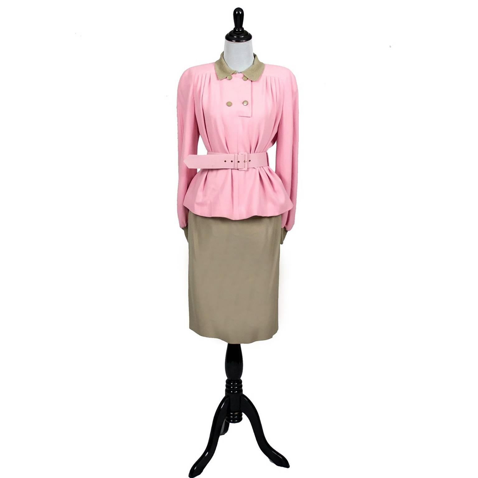 1984 Runway Vintage Valentino Boutique 2pc Skirt Top Outfit Pink & Camel Size 8 2