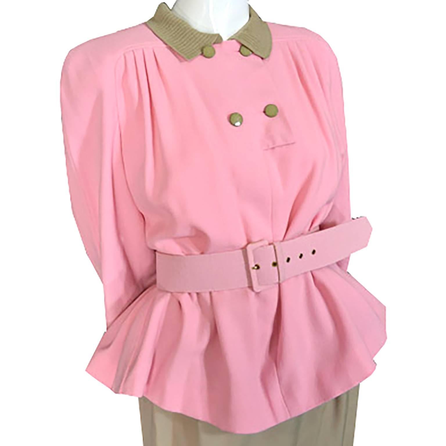 1984 Runway Vintage Valentino Boutique 2pc Skirt Top Outfit Pink & Camel Size 8 4