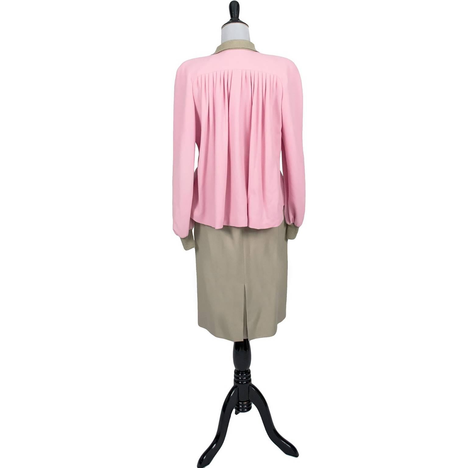 1984 Runway Vintage Valentino Boutique 2pc Skirt Top Outfit Pink & Camel Size 8 3