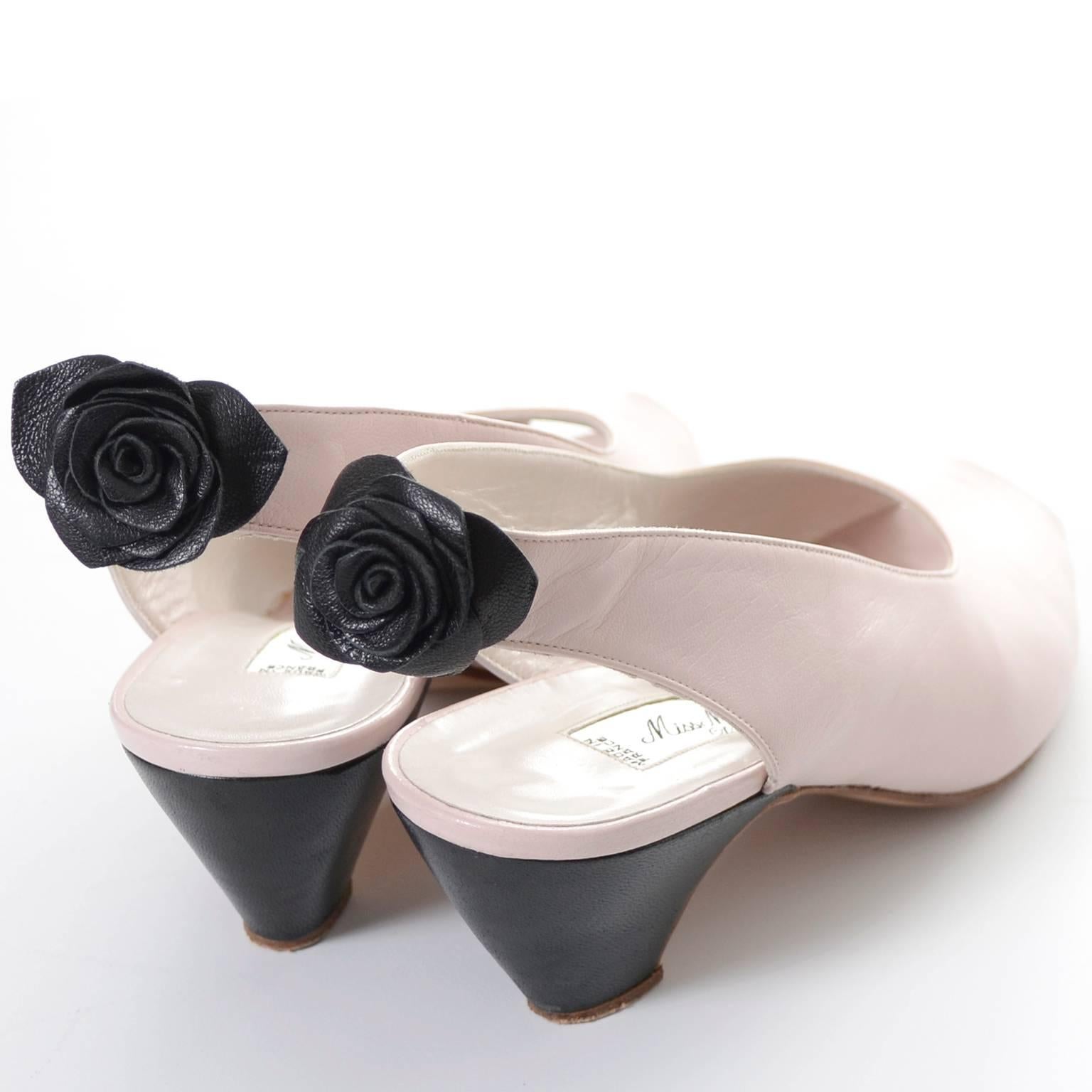 Beige Maud Paris Vintage Shoes Maud Frizon Pink Leather Black Peep Toe 37.5 en vente