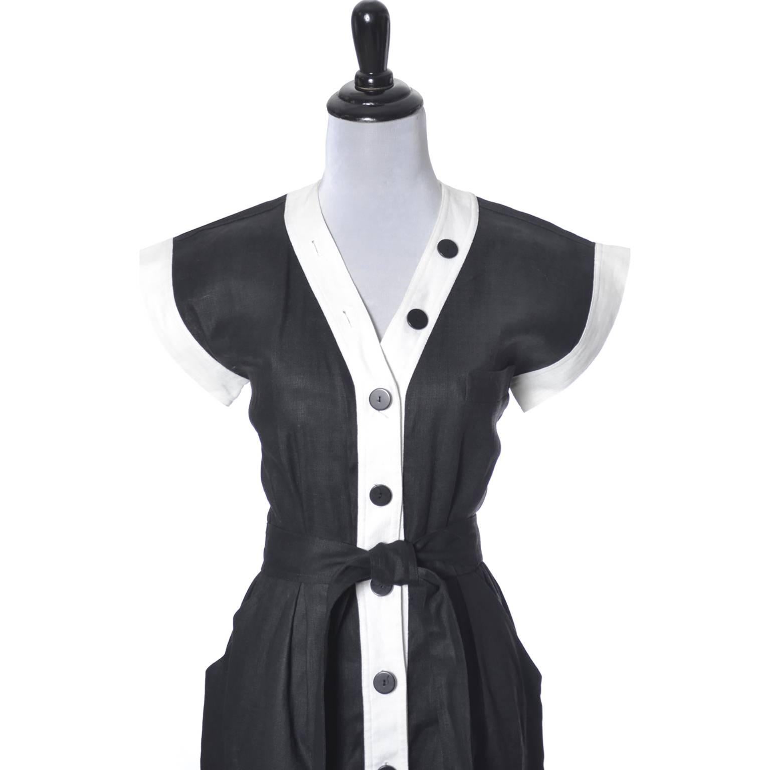 Yves Saint Laurent Early 1980s Black White Linen YSL Vintage Dress Size 38 US 6 In Excellent Condition In Portland, OR
