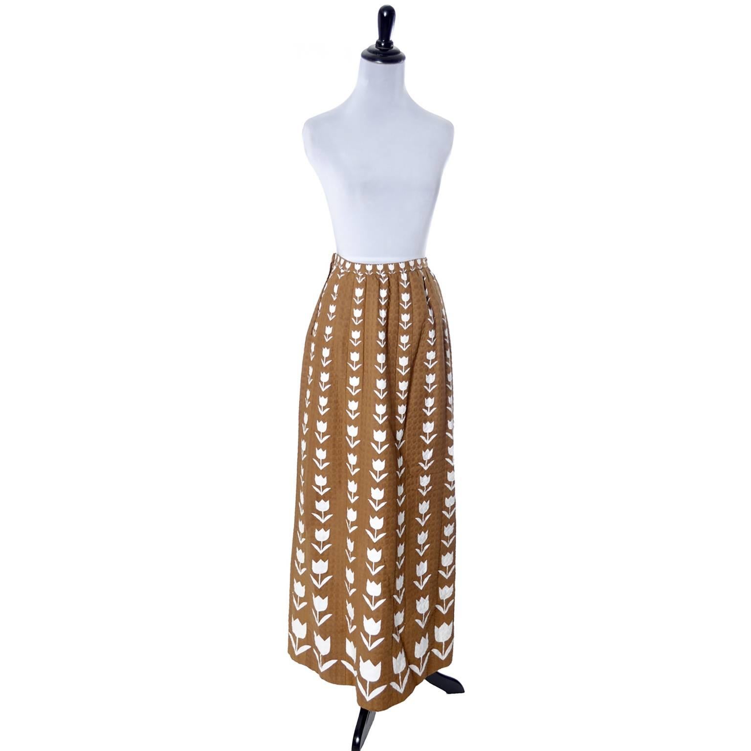Vintage Hubert de Givenchy Skirt Documented from 1974 Brown & White Tulip Print In Excellent Condition In Portland, OR