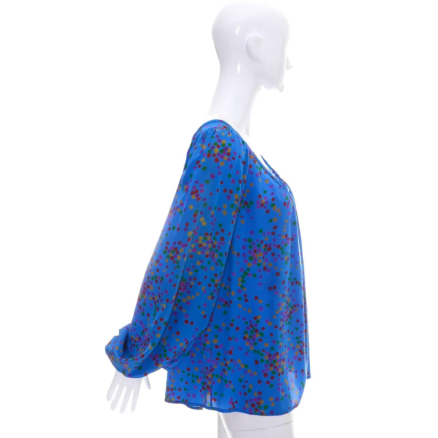Blue Yves Saint Laurent Vintage Silk Blouse YSL Peasant Style Bishop Sleeves Size 36