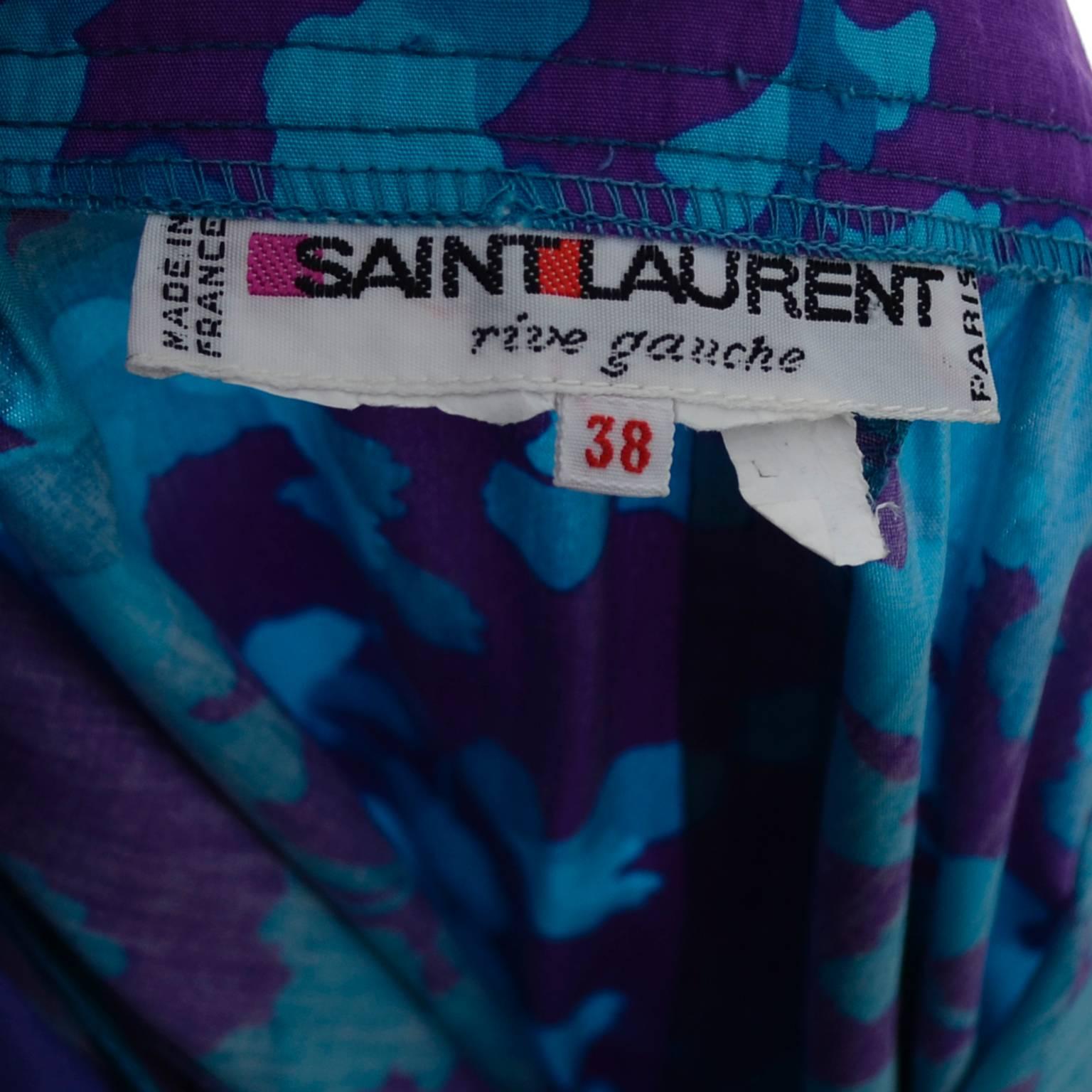 Blue Vintage Yves Saint Laurent 2 pc dress Floral Cotton Skirt Top Outfit YSL Size 38