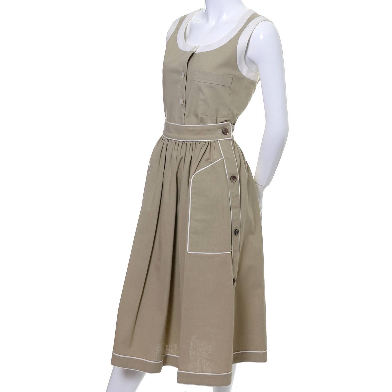 1970 Valentino Vintage 2pc Linen Dress Skirt & Top Outfit Linen w White Pipiting Excellent état - En vente à Portland, OR