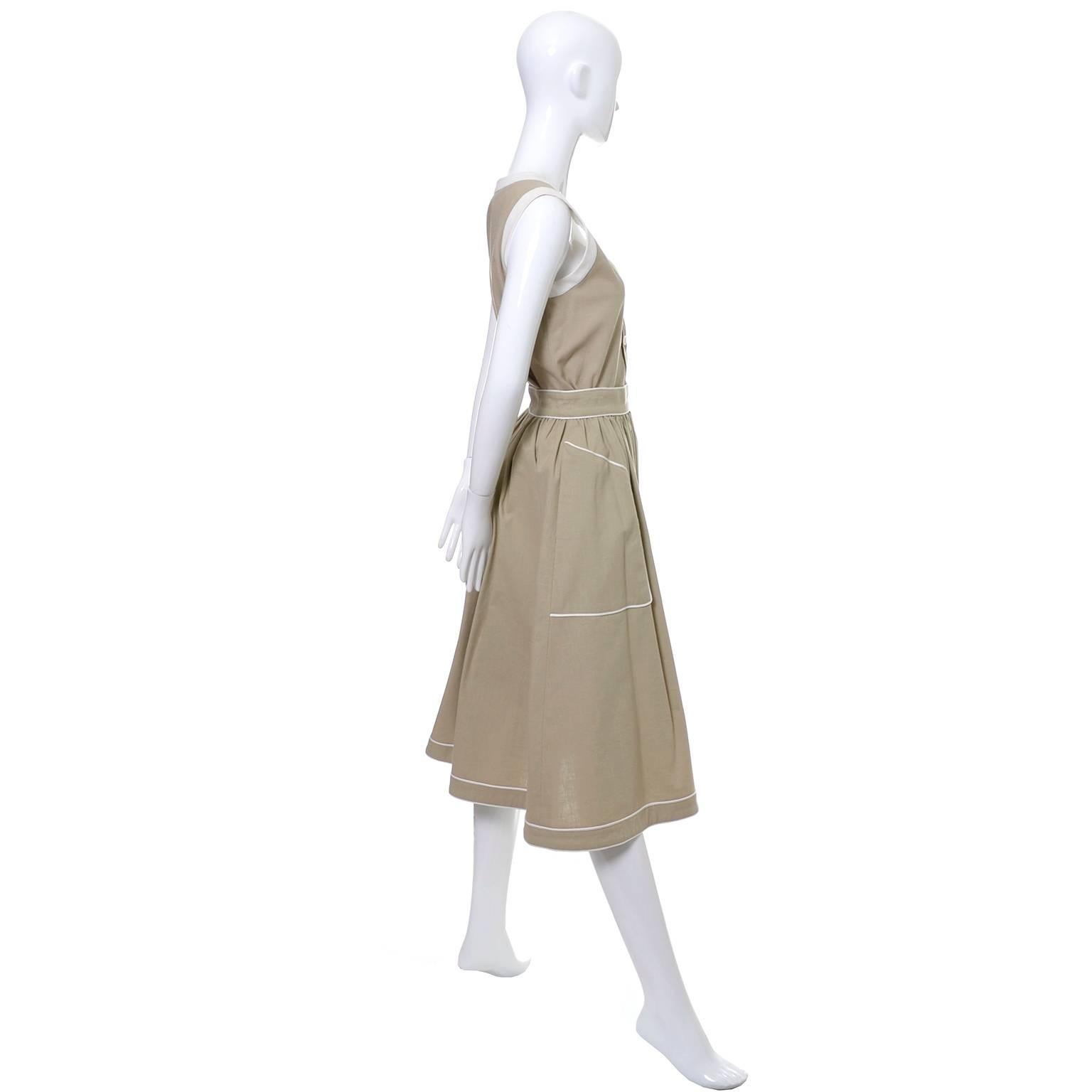 Gris 1970 Valentino Vintage 2pc Linen Dress Skirt & Top Outfit Linen w White Pipiting en vente