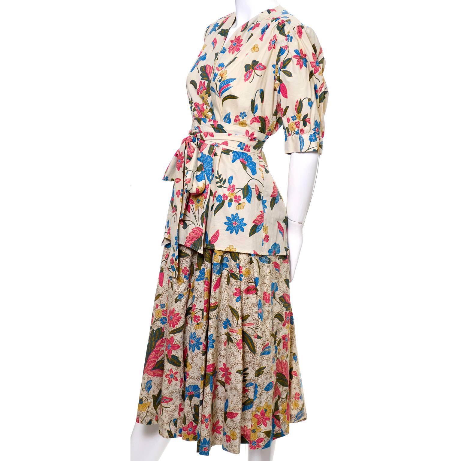 Brown YSL 1970s Vintage 2pc Dress Floral Skirt Top Russian Peasant Yves Saint Laurent