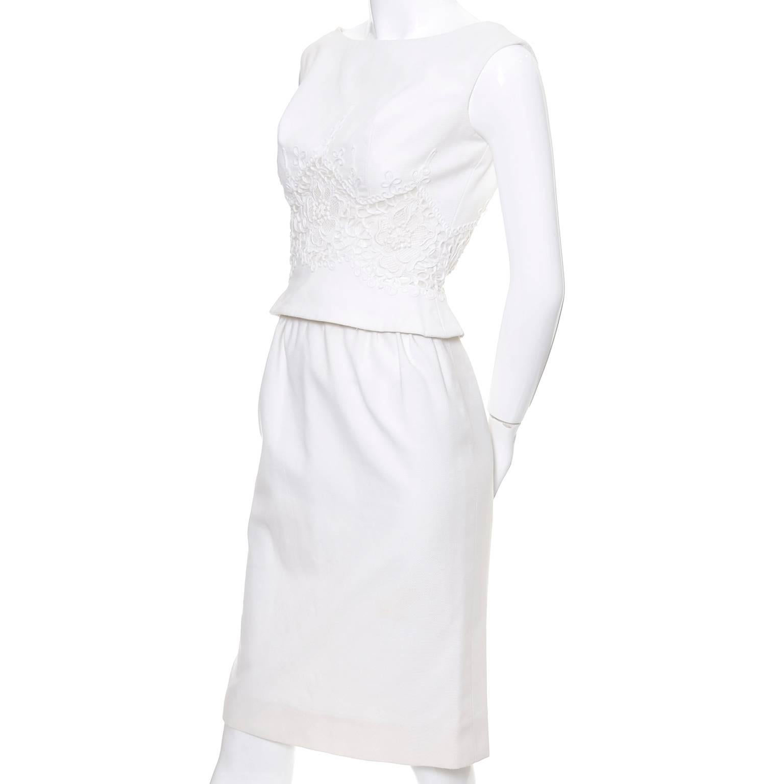 Gray Carlye White Pique Vintage Dress 2pc Lace Mesh Peek a Boo Peplum Bodice XS For Sale