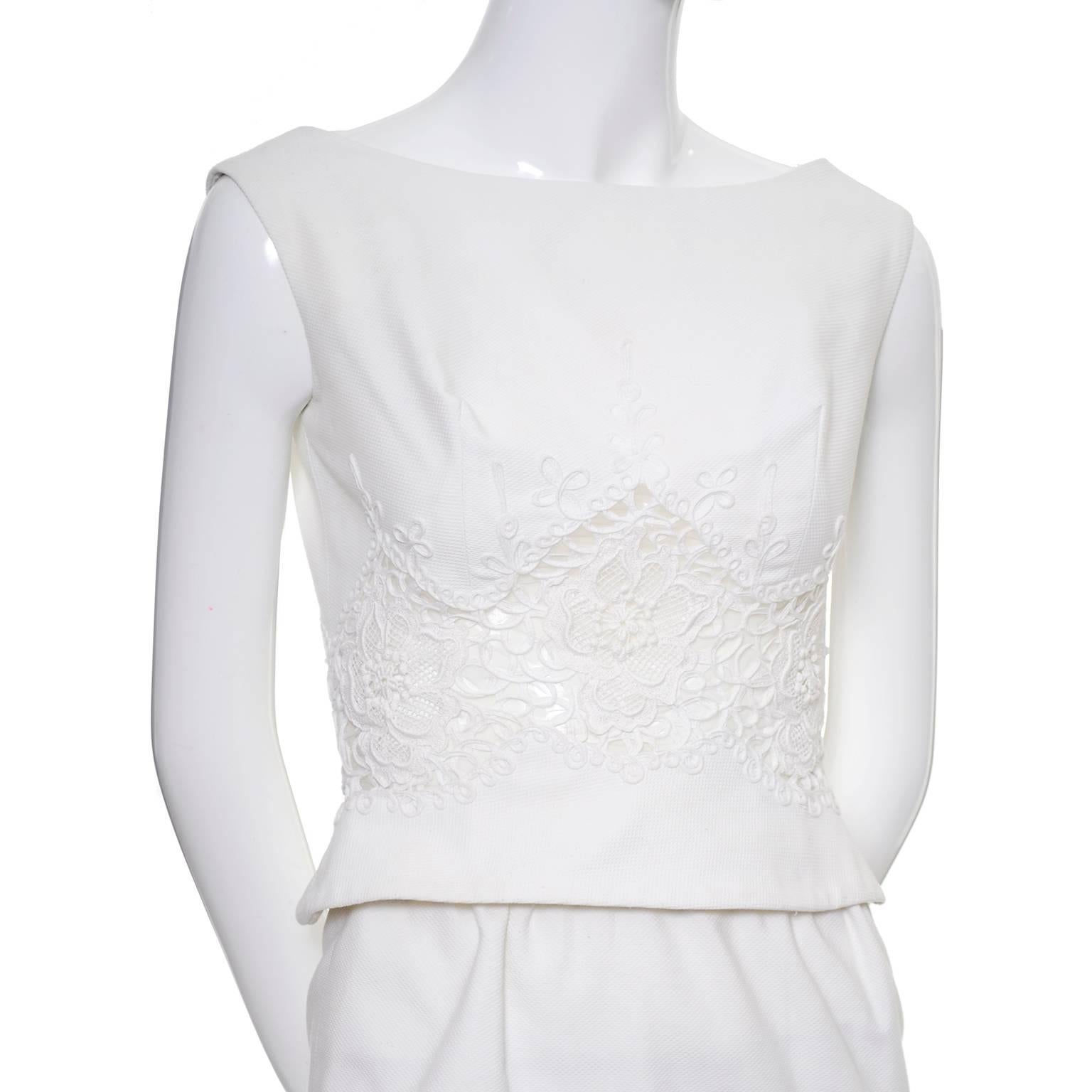 Carlye White Pique Vintage Dress 2pc Lace Mesh Peek a Boo Peplum Bodice XS For Sale 1