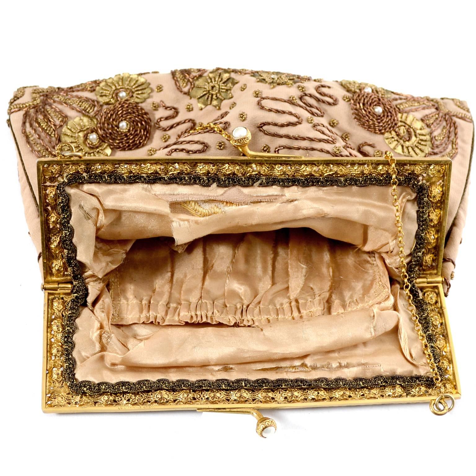 Brown French Vintage Evening Bag Handbag Metallic Embroidery Beaded Pearls Gold Silk