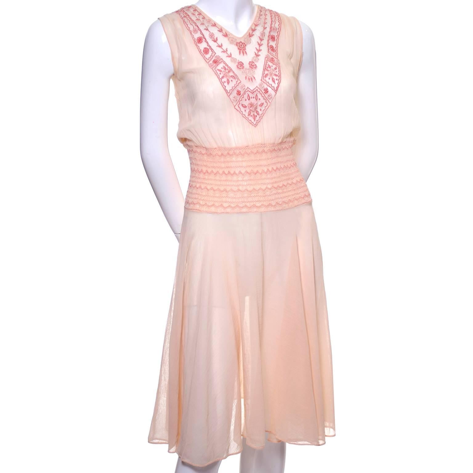 Women's Bohemian 1920s Vintage Dress Cotton Voile Smock Pleating Embroidery
