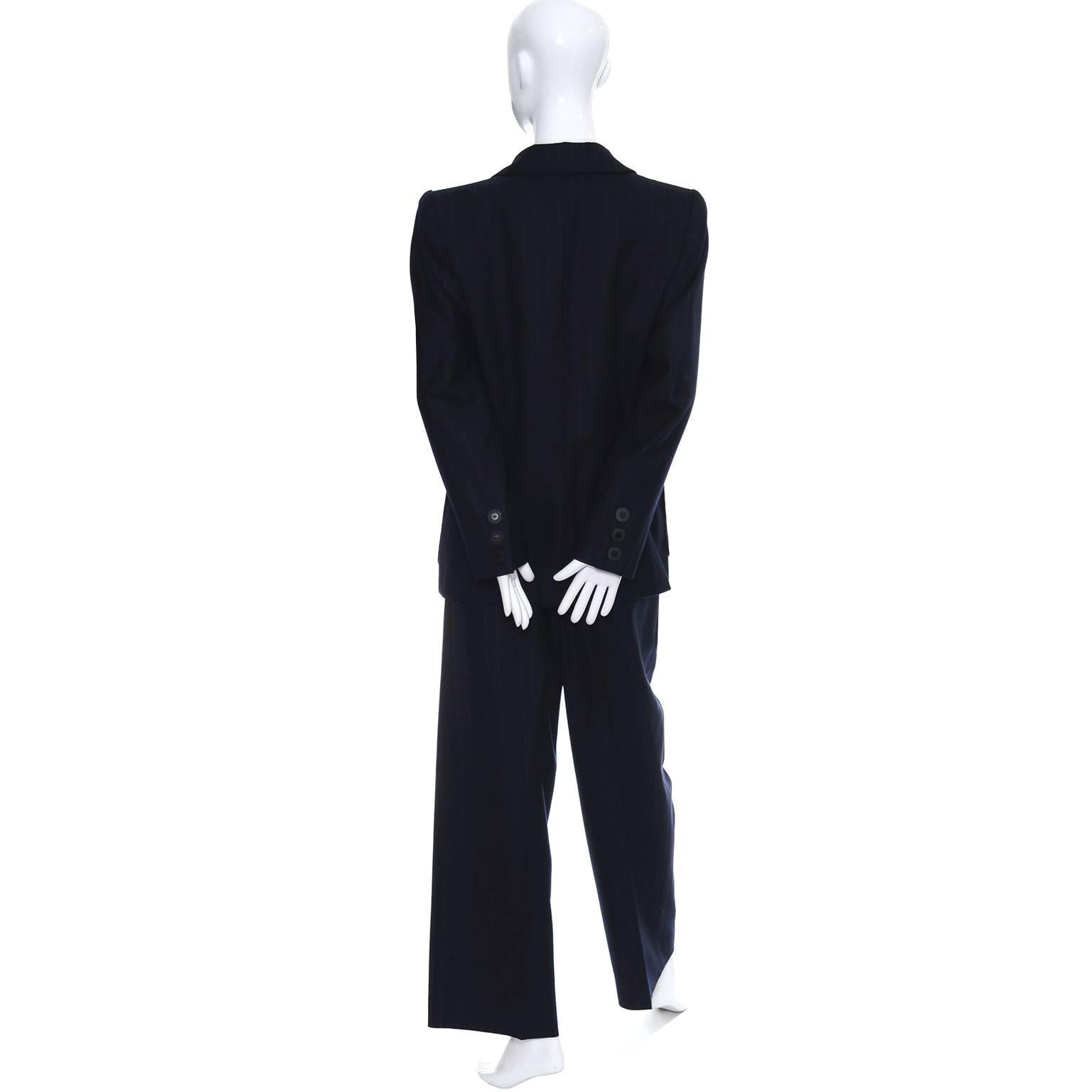 Black Yves Saint Laurent YSL Vintage Pinstripe Trouser Pant Suit in Cashmere & Wool 40