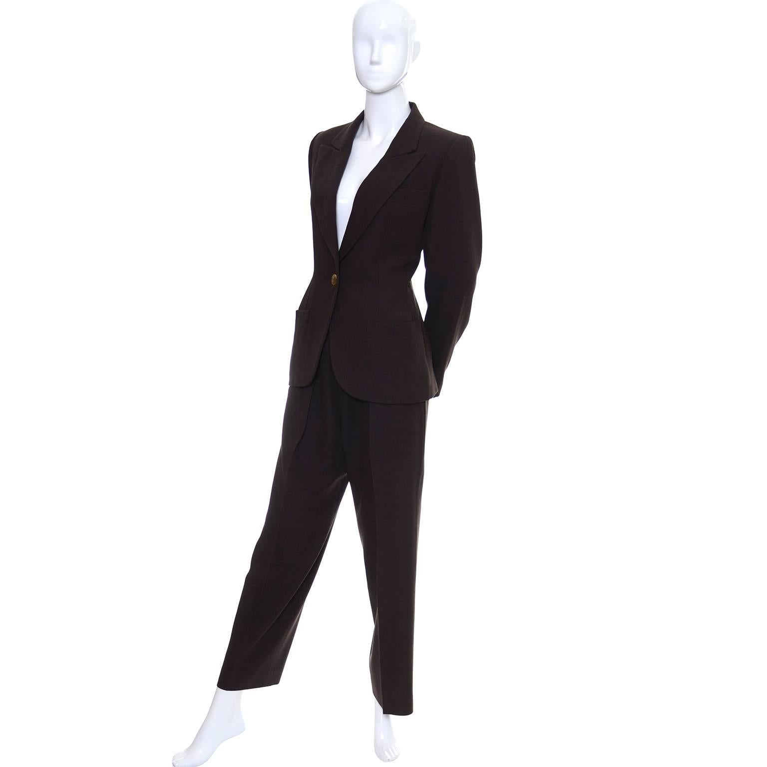 Black YSL Vintage Finely Ribbed Wool Pantsuit French Size 40 US 8 Yves Saint Laurent