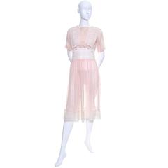 1930s Vintage Dress Cotton Voile Crochet Lace Pink Tone on Tone Stripes