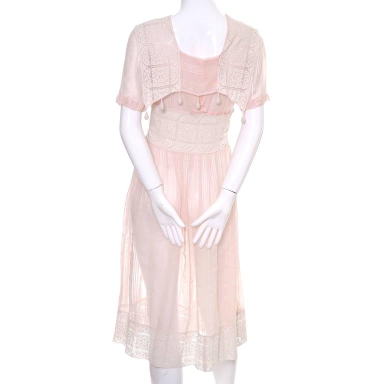 Beige 1930s Vintage Dress Cotton Voile Crochet Lace Pink Tone on Tone Stripes  For Sale
