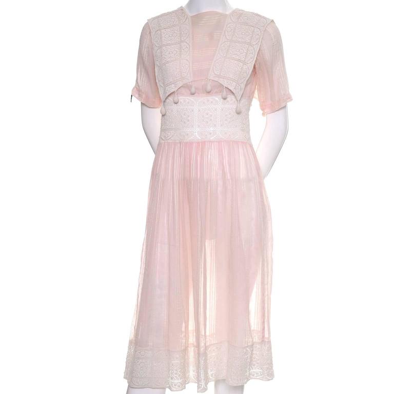 1930s Vintage Dress Cotton Voile Crochet Lace Pink Tone on Tone Stripes  In Excellent Condition For Sale In Portland, OR