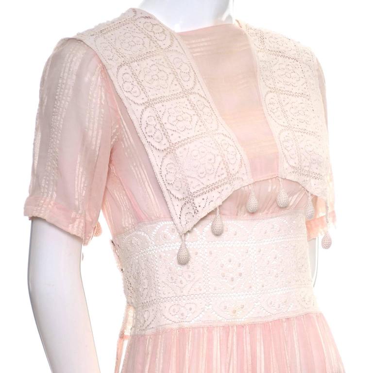 Women's 1930s Vintage Dress Cotton Voile Crochet Lace Pink Tone on Tone Stripes  For Sale