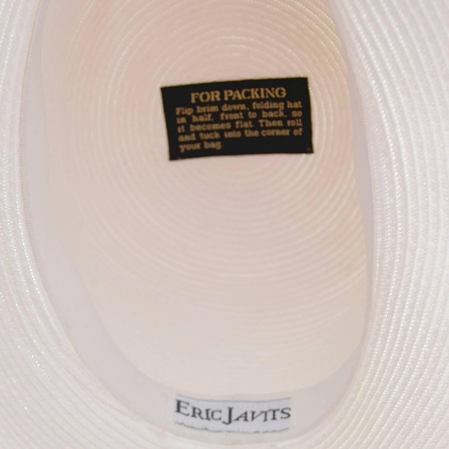 Gray 1990s Vintage Eric Javits Hat White Wide Brim Woven Straw Pink Flowers As New