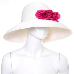 1990s Vintage Eric Javits Hat White Wide Brim Woven Straw Pink Flowers As New