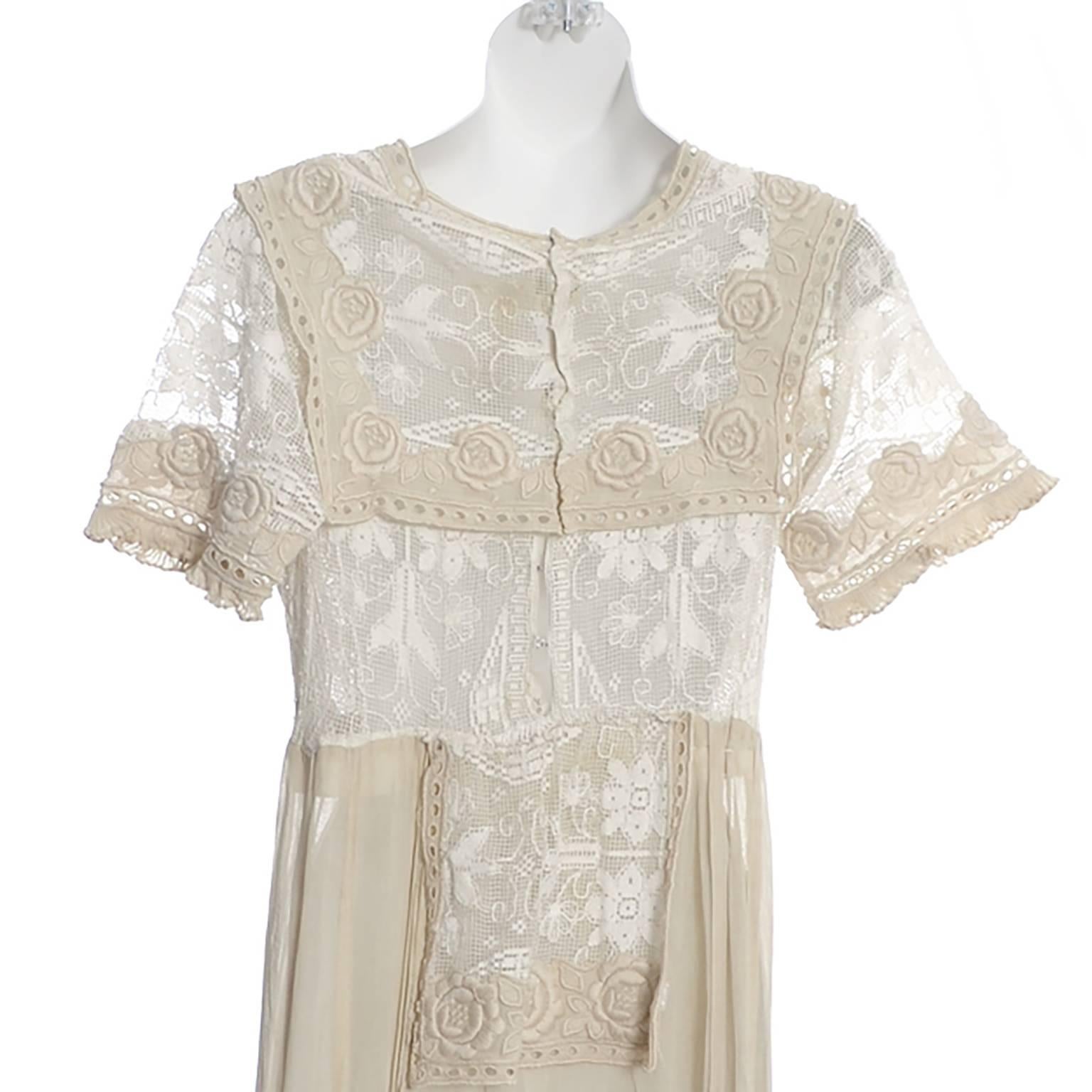Beige Edwardian Lace Embroidered Fine Vintage Dress or Wedding Dress