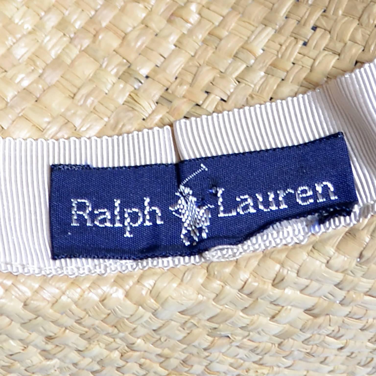 Gray Ralph Lauren 1970s Vintage Straw Hat Wide Brim Blue Ribbon
